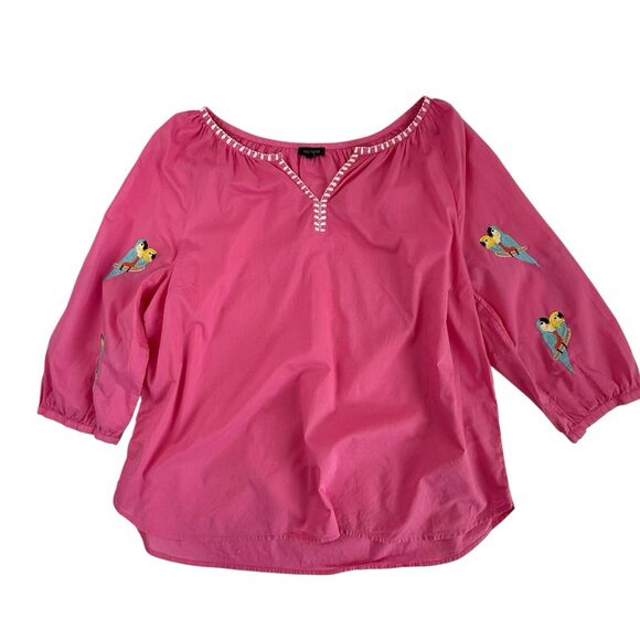Talbots Pink Embroidered Parrot Boho Tropical Cotton Lightweight Top XL Pink - Picture 2 of 8